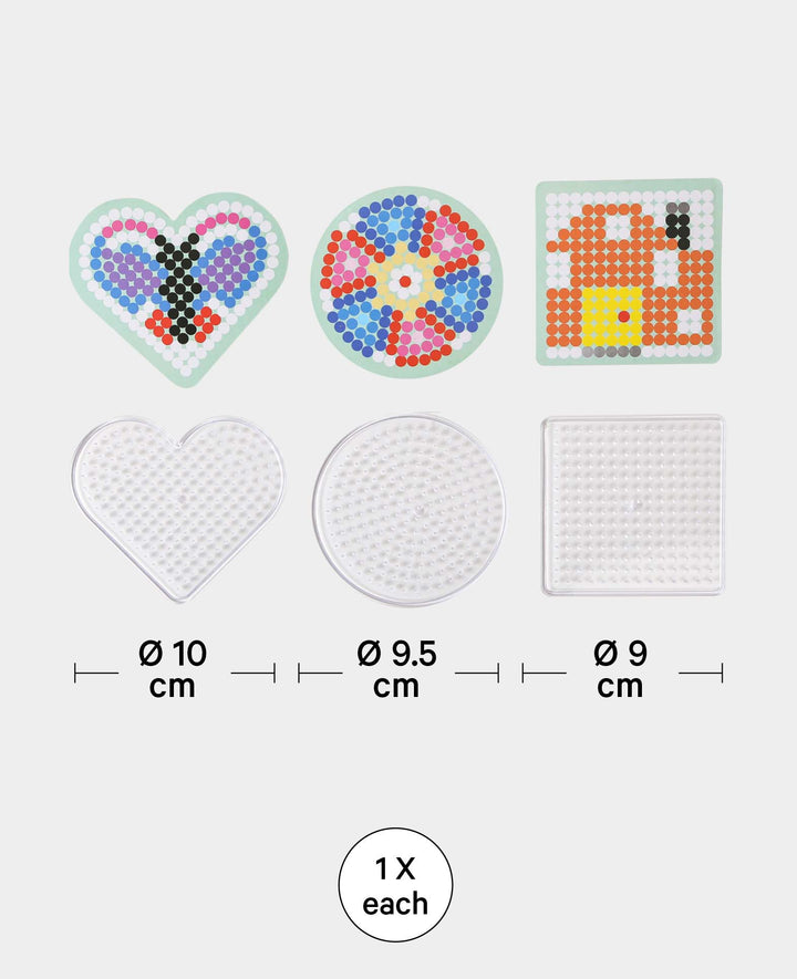 3 pegboards, for fuse beads, heart, square and circle, ø 9-10 cm, 3 designs