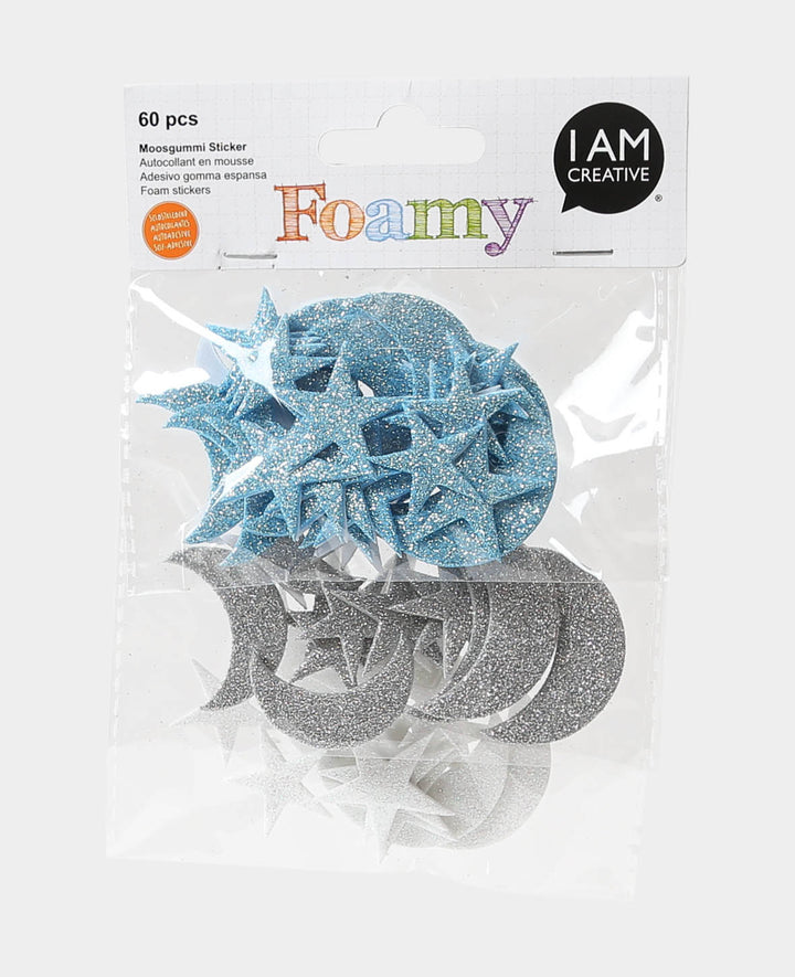 Foam Rubber Stickers Stars &amp; Moon Glitter, Silver, Blue, White, 2.5-4.2 cm, 60 pcs.