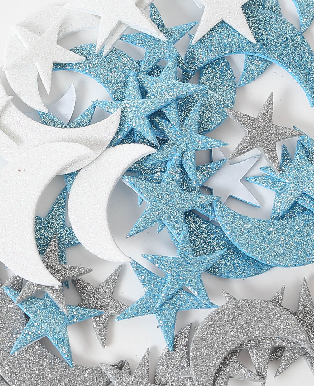 Foam Rubber Stickers Stars &amp; Moon Glitter, Silver, Blue, White, 2.5-4.2 cm, 60 pcs.