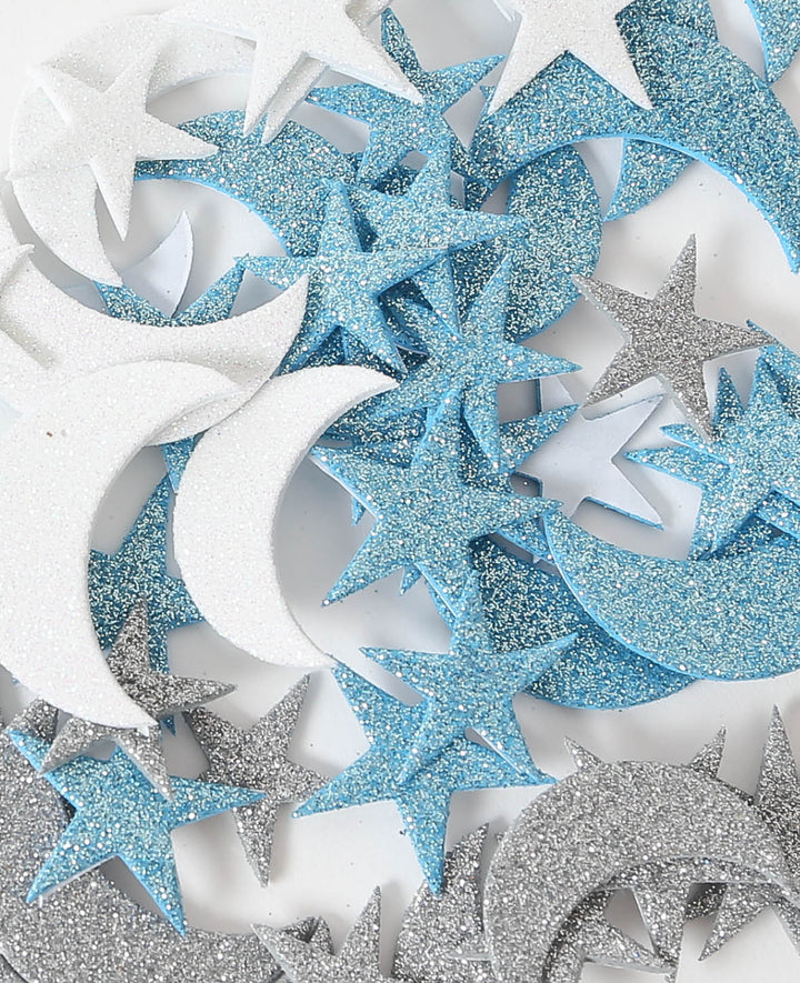 Foam Rubber Stickers Stars &amp; Moon Glitter, Silver, Blue, White, 2.5-4.2 cm, 60 pcs.