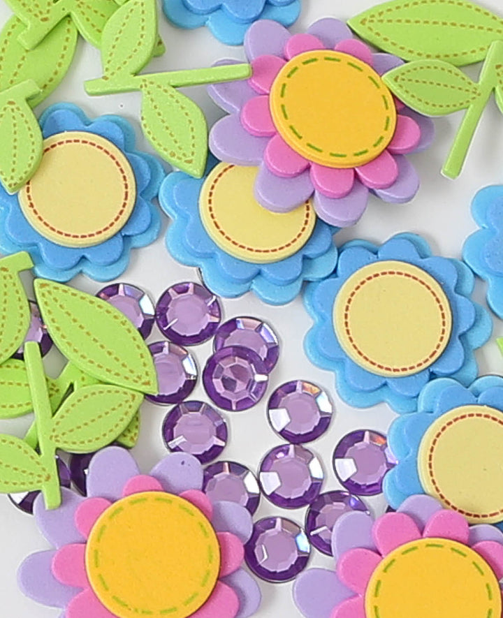 Moosgummi Sticker Blumen &amp; Strasssteine, 1-2.7 cm, 68 Stk.