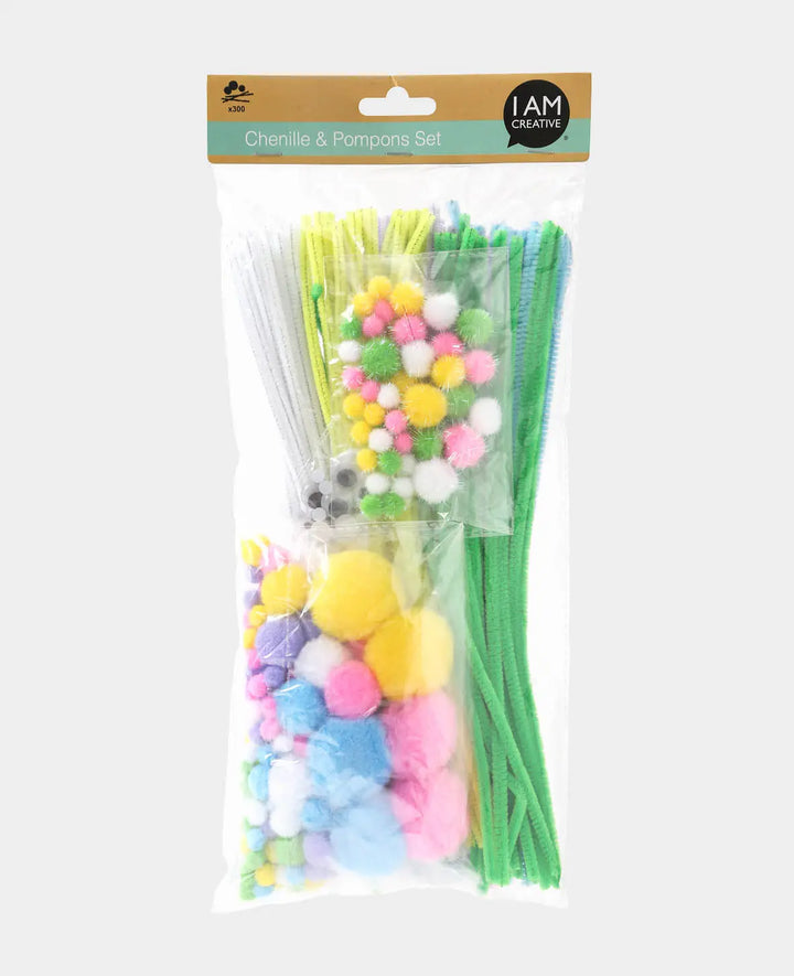 Chenille-, Pompon und Wackelaugenset, Pastellfarben, 300 Stück