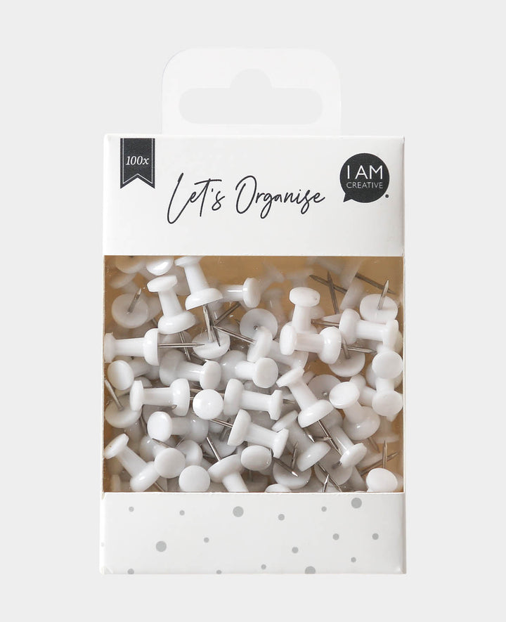 Push Pins, Thumbtacks with Long Point and Easy-Grip Plastic Head for Bulletin Boards, White, ø 9 x 24 mm, 100 pcs.