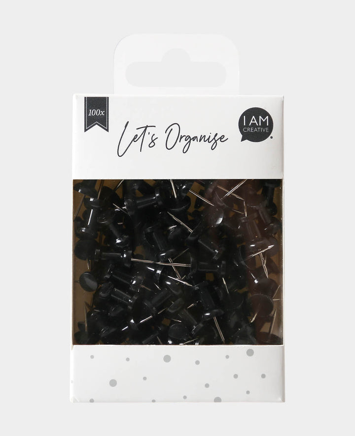 Push Pins, Pinnadeln mit langer Spitze und griffigem Plastikkopf für Pinnwände, Schwarz, ø 9 x 24 mm, 100 Stk.