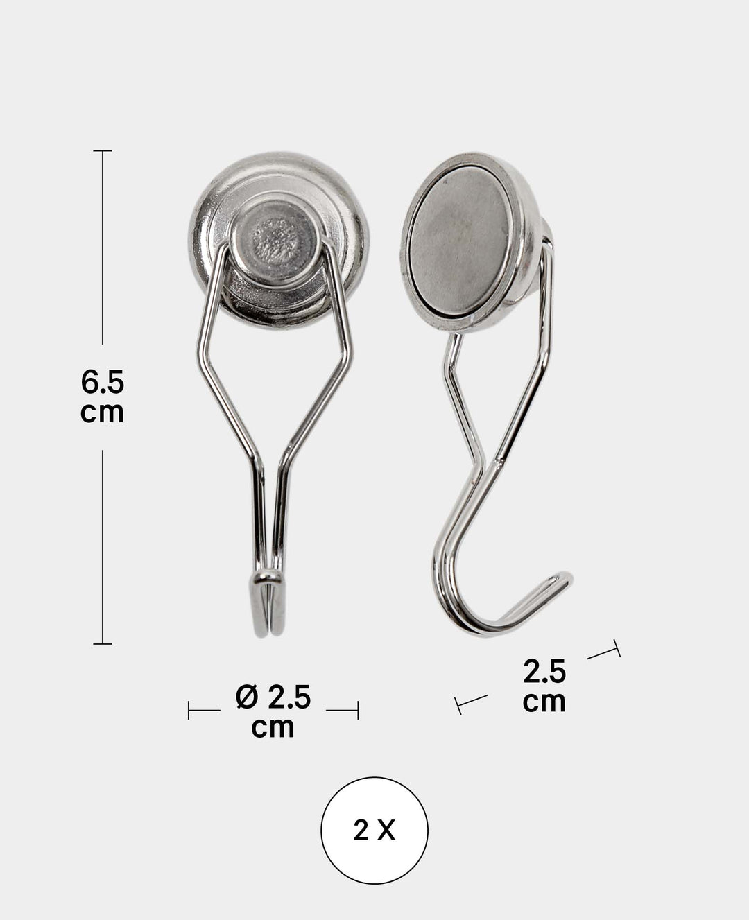 Extra strong magnetic hooks, magnets with movable wire hook, silver, 2.5 x ø 2.5 x 6.5 cm, 2 pieces