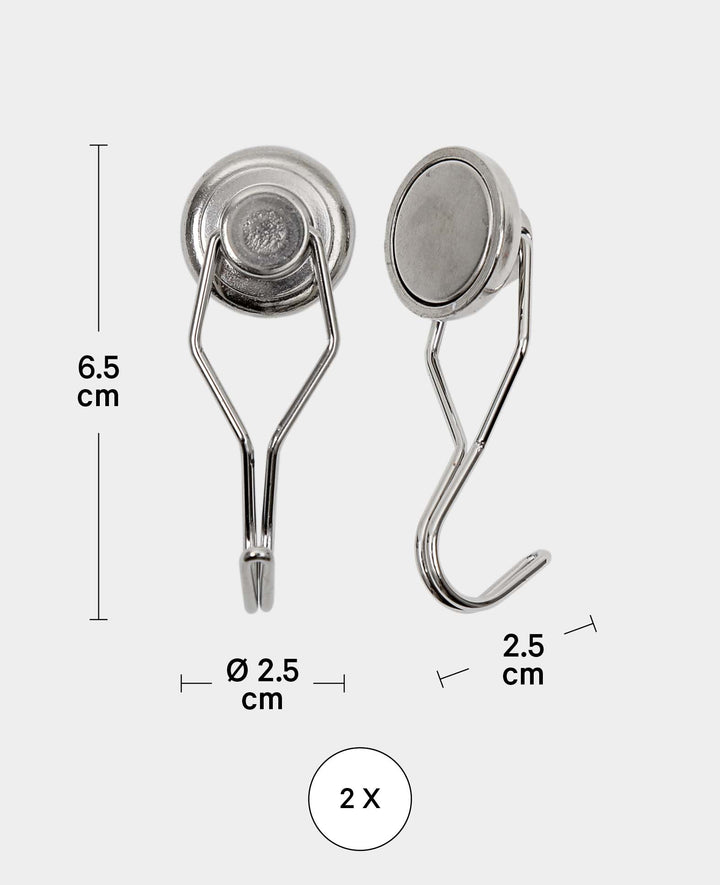Extra strong magnetic hooks, magnets with movable wire hook, silver, 2.5 x ø 2.5 x 6.5 cm, 2 pieces