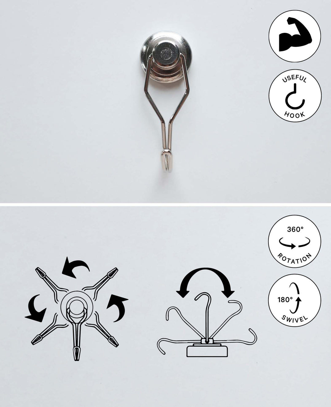 Extra strong magnetic hooks, magnets with movable wire hook, silver, 2.5 x ø 2.5 x 6.5 cm, 2 pieces