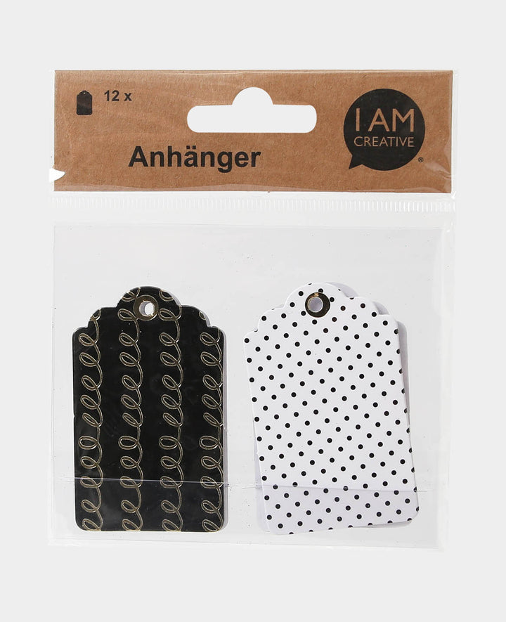 Geschenkanhänger, Schwarz &amp; Weiss, 43 x 70 mm, 4 Designs, 12 Stk.