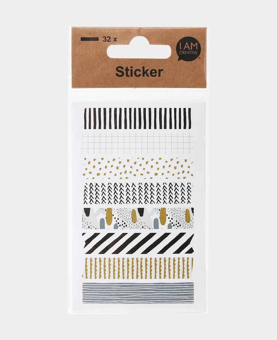 Sticker sheet with eight assorted printed adhesive strips, black, white &amp; gold, approx. 1 x 6 cm, 32 pcs.