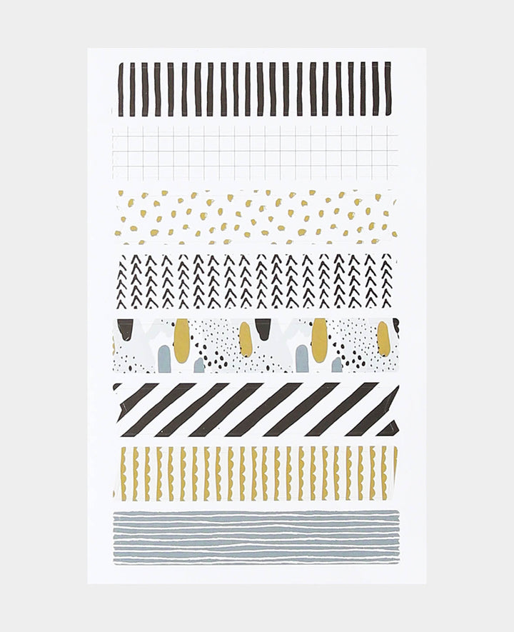 Sticker sheet with eight assorted printed adhesive strips, black, white &amp; gold, approx. 1 x 6 cm, 32 pcs.