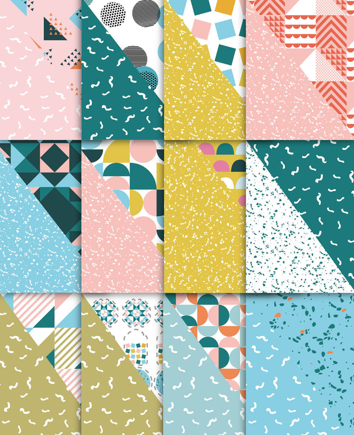 Design Papier Set Graphik, Papierblock mit beidseitig bedruckten Papierbögen in 12 verschiedenen Designs, A4, 120 g/m² - 230 g/m², 24 Blätter