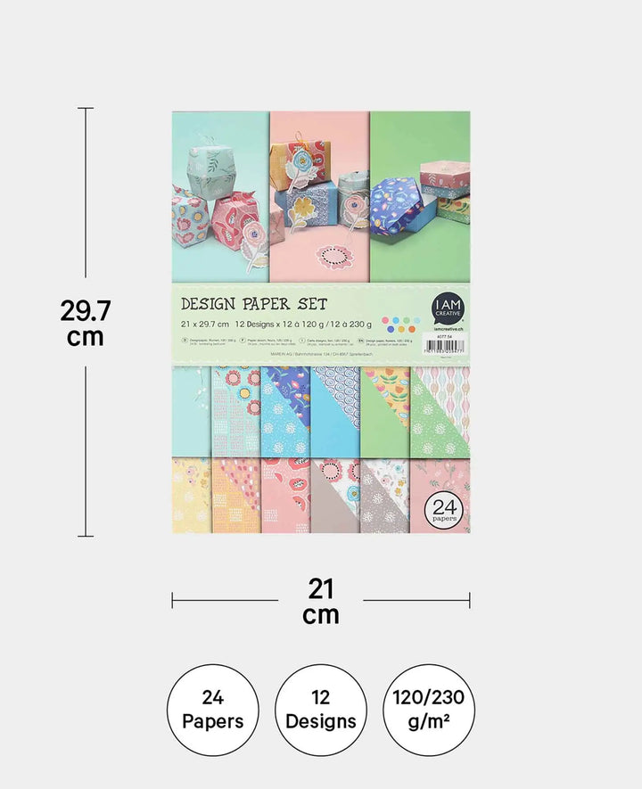 Design Papier Set Blumen, Papierblock mit beidseitig bedruckten Papierbögen in 12 verschiedenen Designs, A4, 120 g/m² - 230 g/m², 24 Blätter