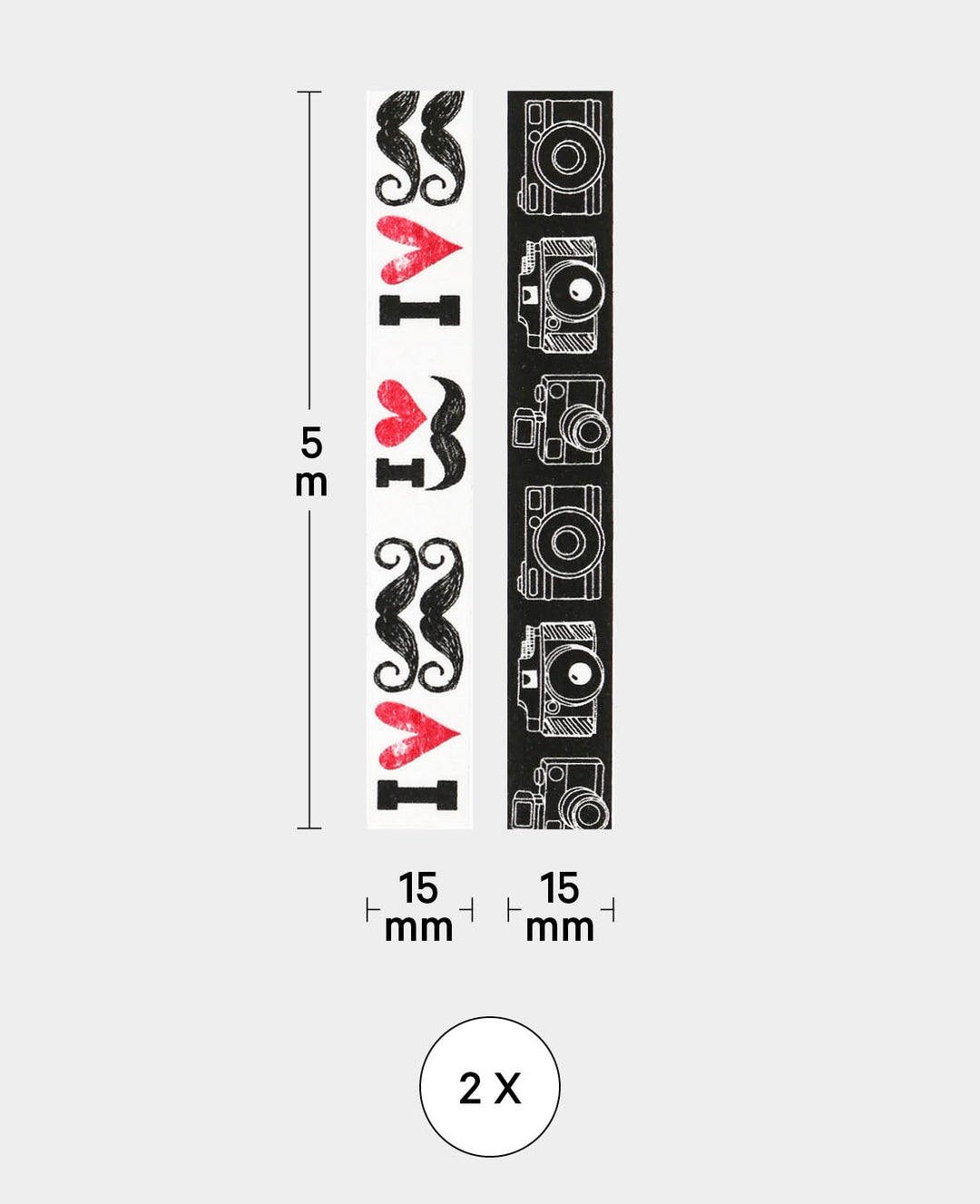 Washi Tape 15 mm x 5 m, motifs noir et blanc (lot de 2), ruban adhésif