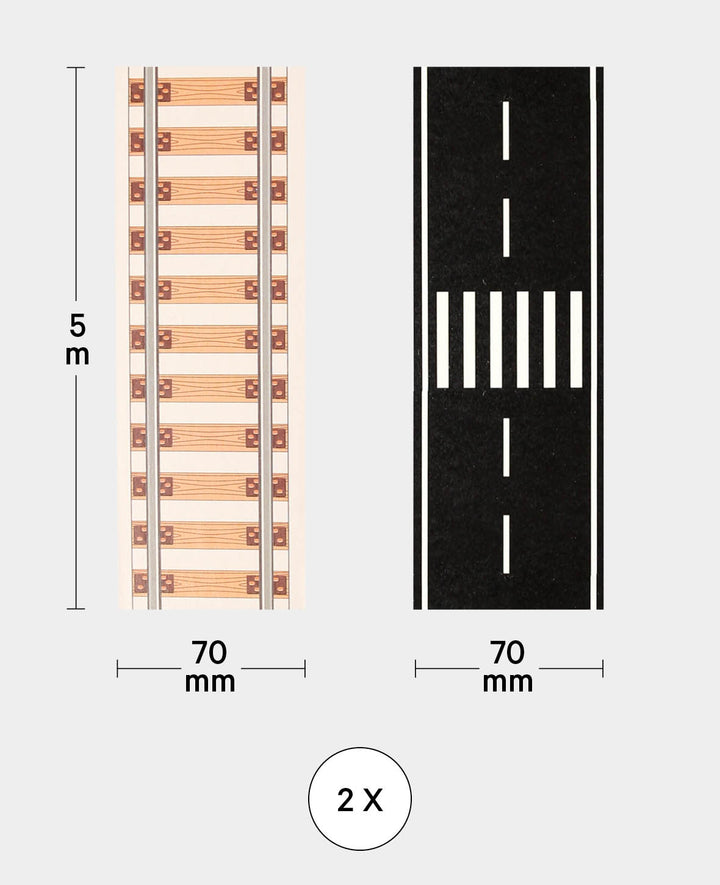 Washi Tape Set, Road &amp; Rail, 70 mm x 5 m, 2 Stk., Masking Tape Strassen- und Eisenbahnschienenklebeband für Kinder zum Spielen