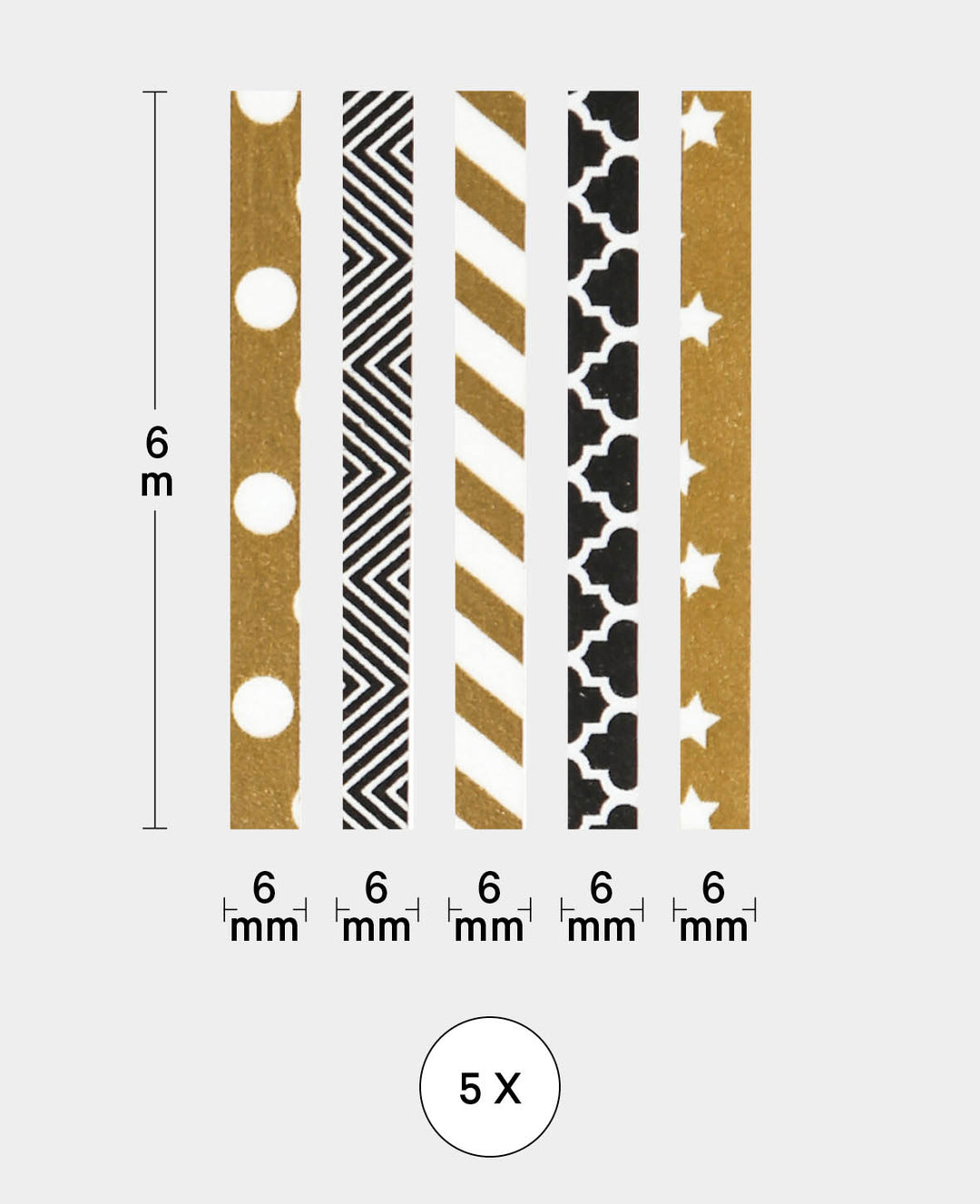 Washi Tape 6 mm x 6 m, éléments (lot de 5), Masking Tape