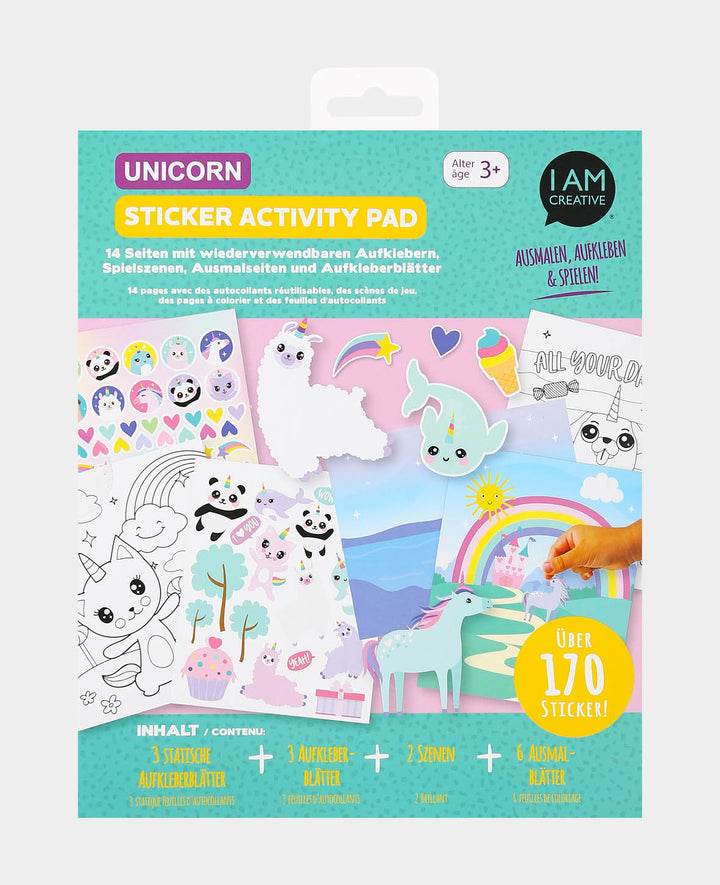 Activity Set Einhorn, Kreativblock mit 6 Ausmalbildern, 2 Spielszenen und 3 Stickerblättern, ab 3 Jahren, 19.6 x 24 cm, 14 Seiten