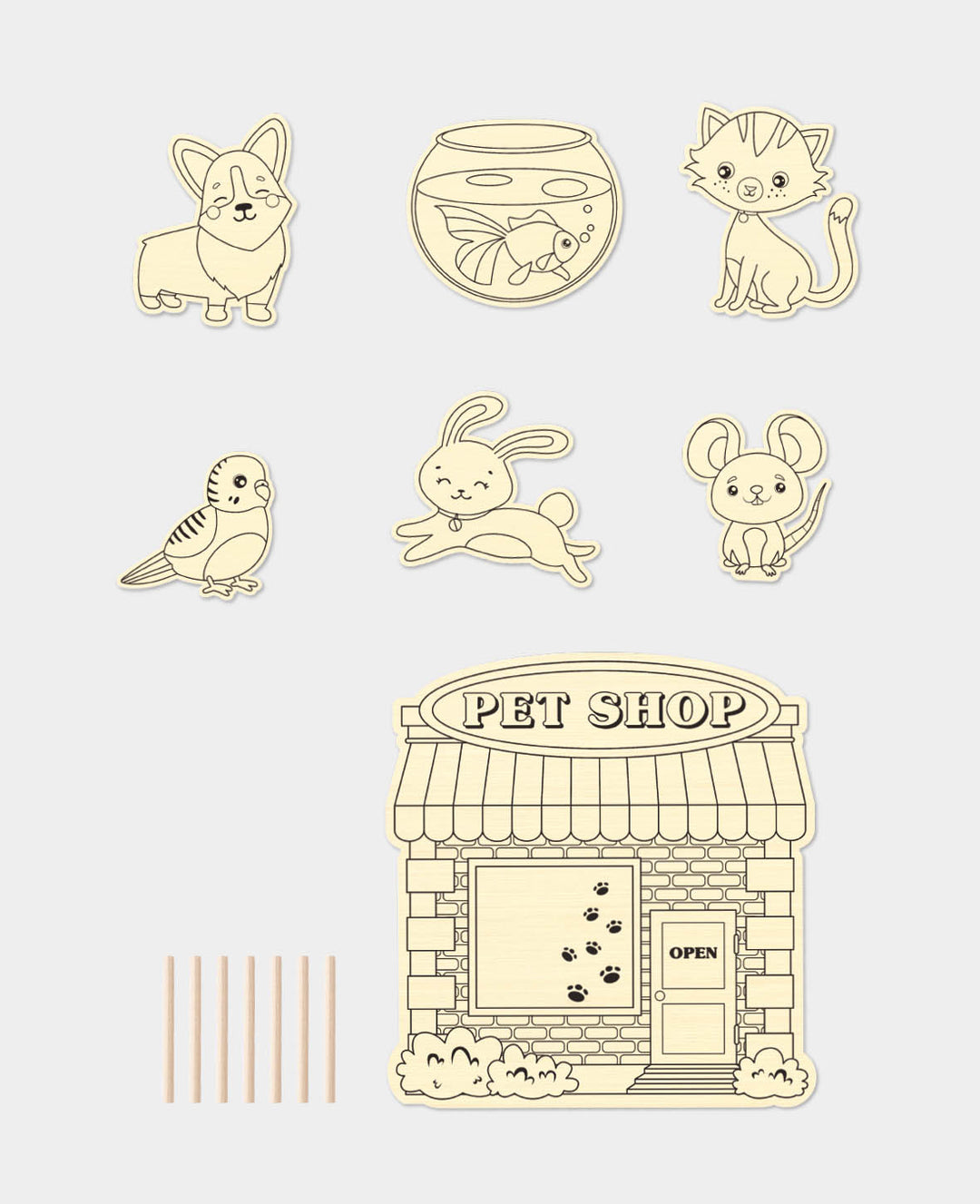 Spielset "Pet shop" aus Holz zum Bemalen, 7 teilig