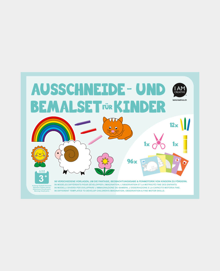 Ausschneide- und Bemalset für Kinder ab 3 Jahren, mit Malvorlagen, Ölstiften, Klebestift und Kinderschere