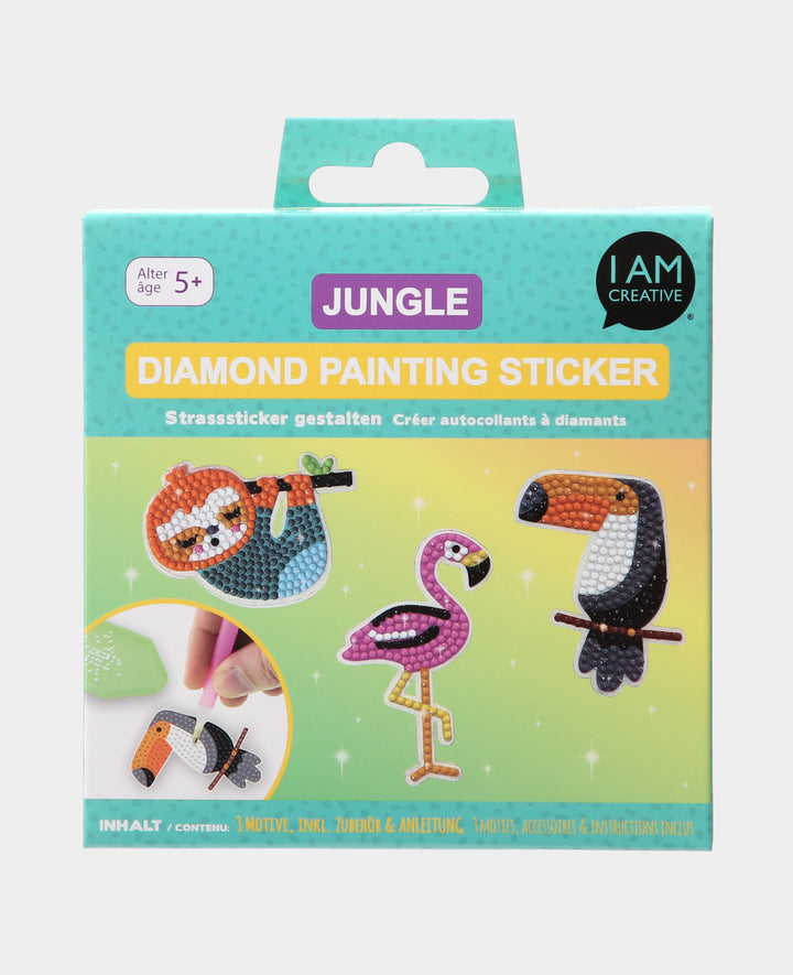 Diamond Painting Sticker Jungle, DIY-Strassstein-Sticker zum selber machen mit drei Motiven Faultier, Flamingo, Tukan, inkl. Zubehör &amp; Anleitung