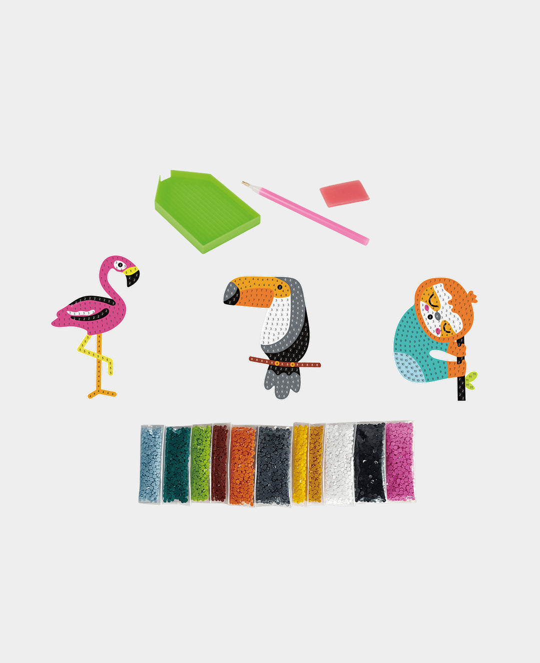 Diamond Painting Sticker Jungle, DIY-Strassstein-Sticker zum selber machen mit drei Motiven Faultier, Flamingo, Tukan, inkl. Zubehör &amp; Anleitung