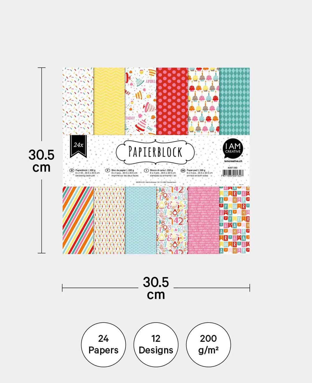 Paper pad I, with double-sided printed sheets in 12 different designs, 30.5 × 30.5 cm, 200 g/m², 24 sheets