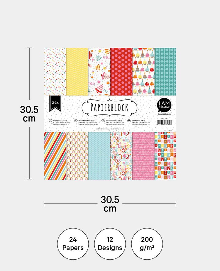 Paper pad I, with double-sided printed sheets in 12 different designs, 30.5 × 30.5 cm, 200 g/m², 24 sheets