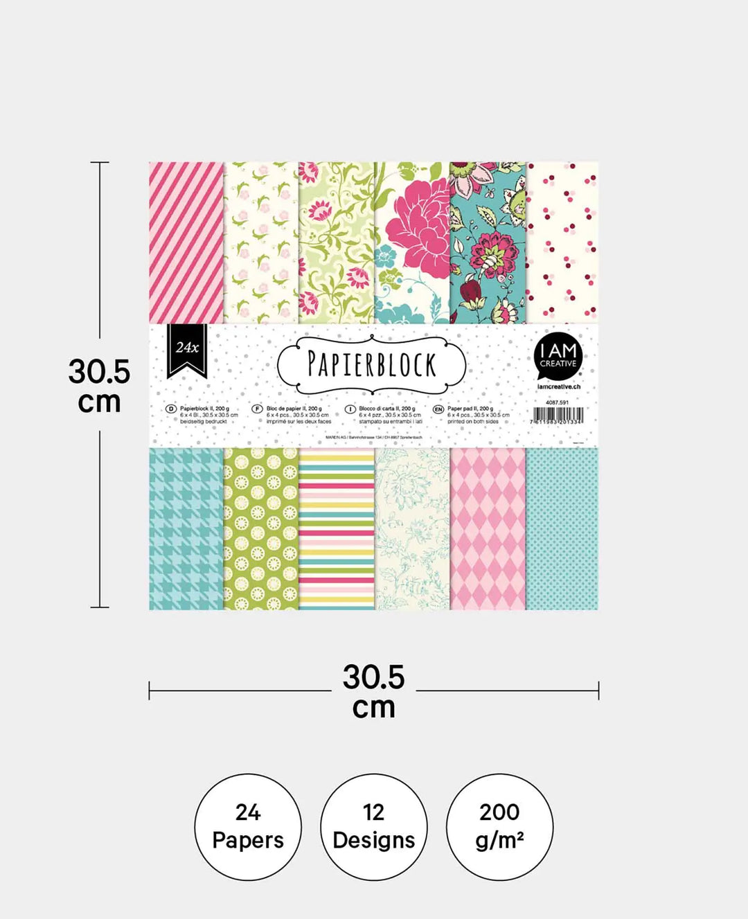 Paper Pad II, with double-sided printed paper sheets in 12 different designs, 30.5 × 30.5 cm, 200 gsm, 24 sheets