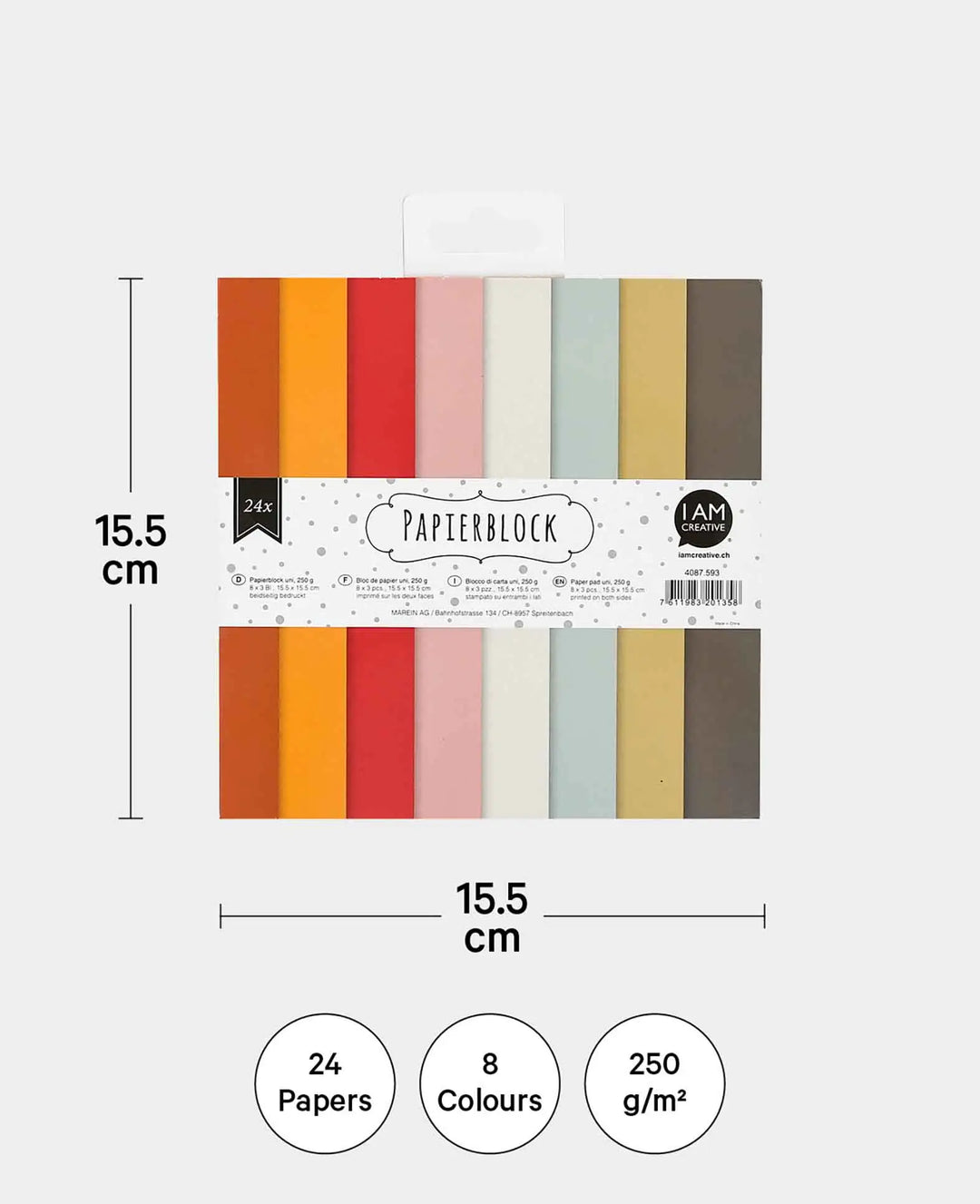 Papierblock uni, mit beidseitig bedruckten Papierbögen in 8 verschiedenen Farben, 15.5 x 15.5 cm, 250 g/m², 24 Blätter