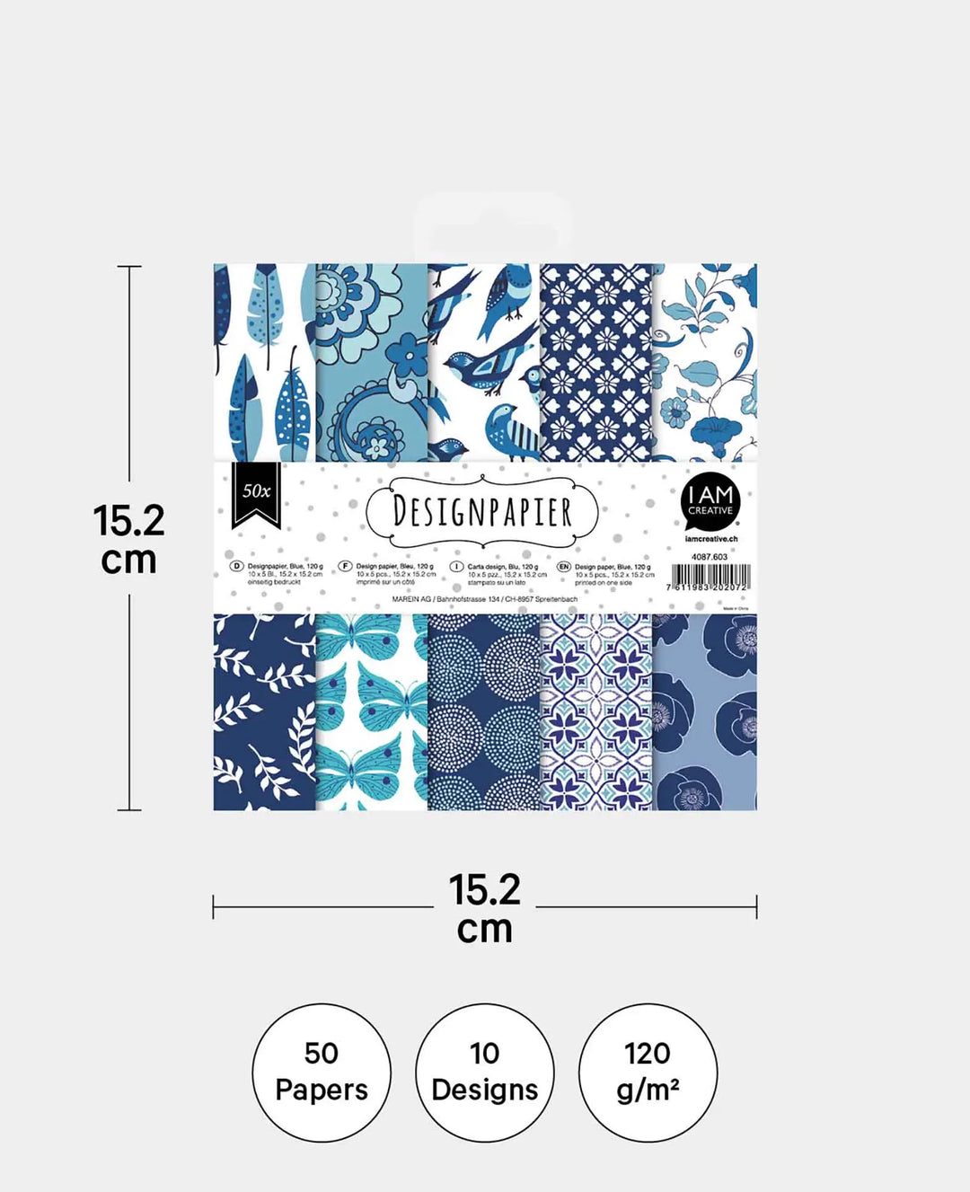 Design Papier Set Blue, Papierblock, 15.2 x 15.2 cm, 120 g/m², 50 Blätter