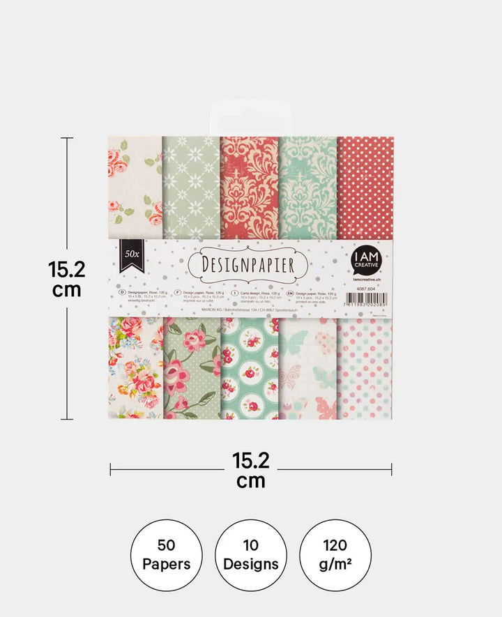 Design Paper Set Rose, Paper Pad, 6 x 6 inch, 120 gsm, 50 sheets