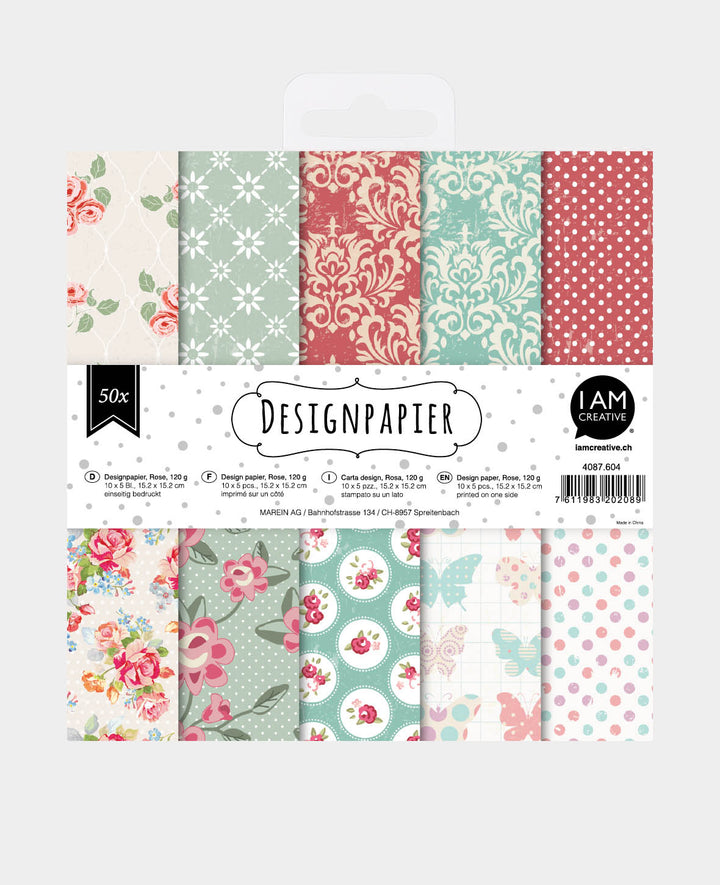 Design Paper Set Rose, Paper Pad, 6 x 6 inch, 120 gsm, 50 sheets