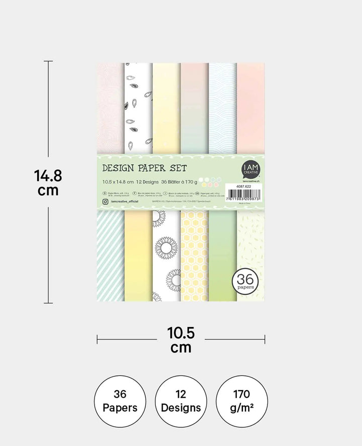 Set de papier design soft, bloc de papier avec feuilles imprimées recto en 12 motifs différents, A6, 10,5 x 14,8 cm, 170 g/m², 36 feuilles