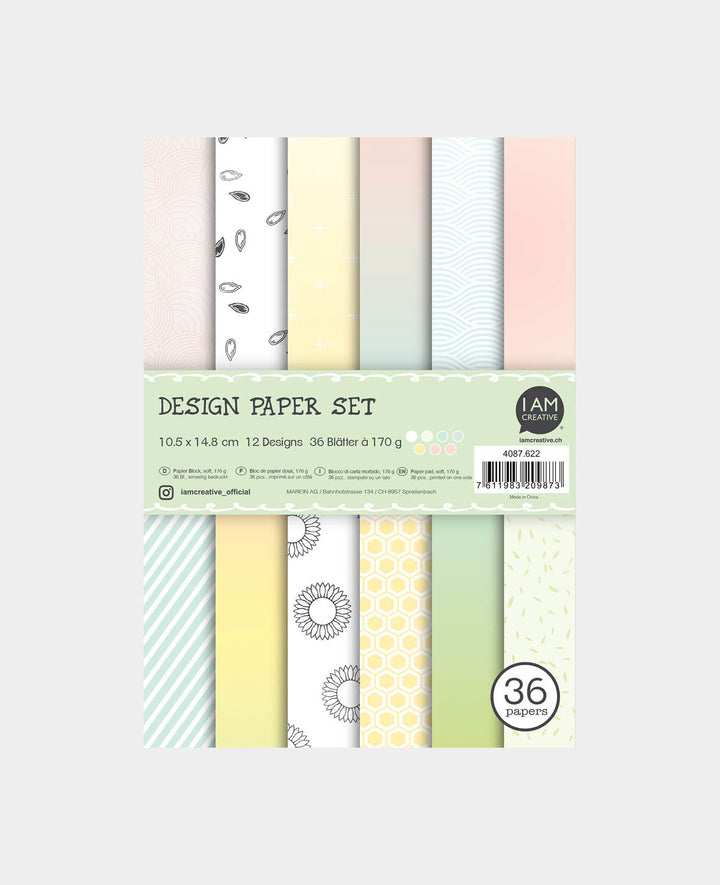 Set de papier design soft, bloc de papier avec feuilles imprimées recto en 12 motifs différents, A6, 10,5 x 14,8 cm, 170 g/m², 36 feuilles