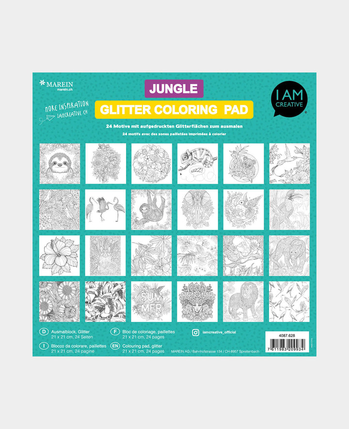 Ausmalblock Jungle, Papierblock mit vorgedruckten Motiven und edlem Glitzereffekt zum Ausmalen, 21 x 21 cm, 24 Motive