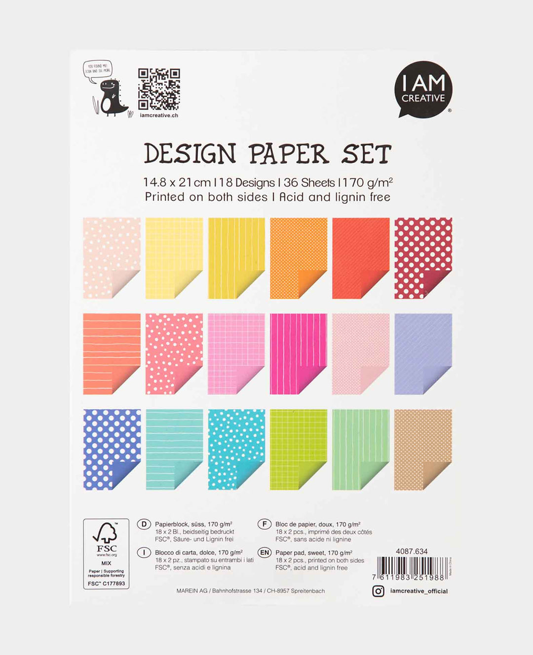 Design Papier Set süss, Papierblock mit beidseitig bedruckten Papierbögen in 18 verschiedenen Designs, A5, 14.8 x 21 cm, 170 g/m², 36 Blätter