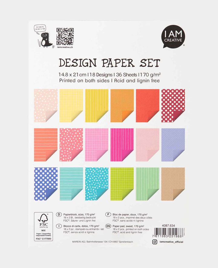 Design Papier Set süss, Papierblock mit beidseitig bedruckten Papierbögen in 18 verschiedenen Designs, A5, 14.8 x 21 cm, 170 g/m², 36 Blätter