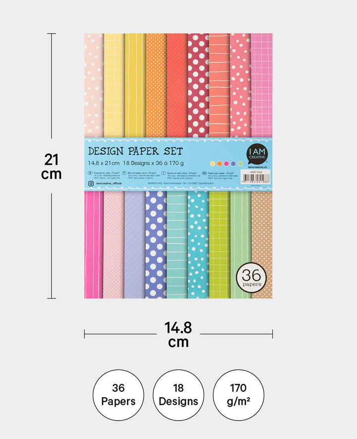 Design Papier Set süss, Papierblock mit beidseitig bedruckten Papierbögen in 18 verschiedenen Designs, A5, 14.8 x 21 cm, 170 g/m², 36 Blätter
