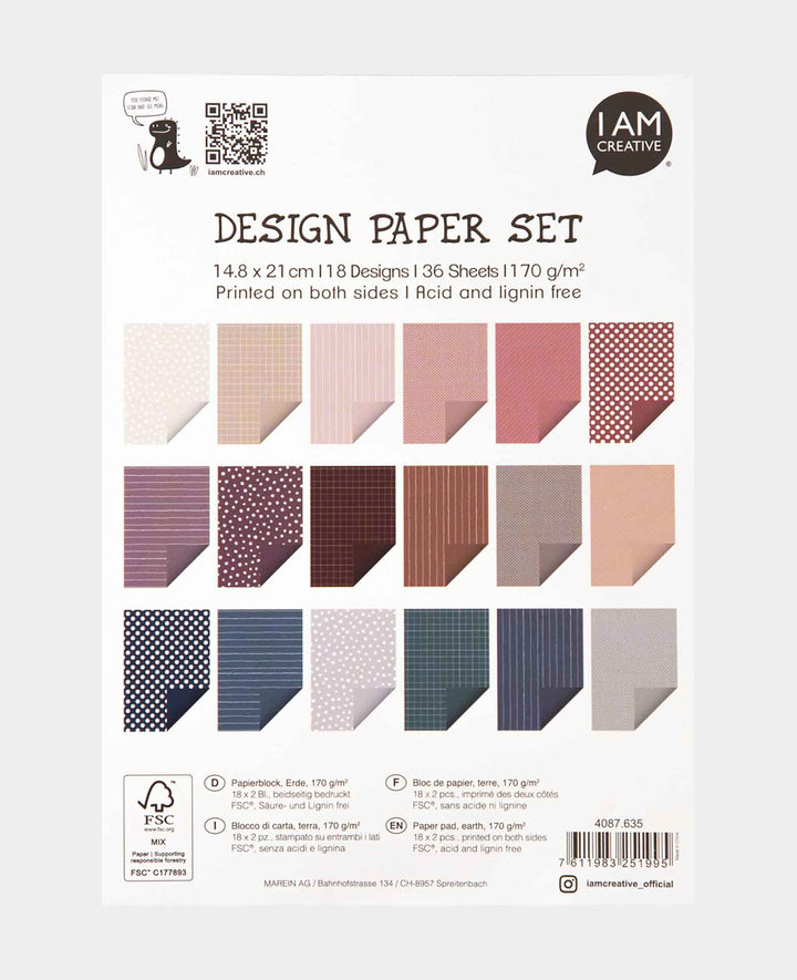 Design Papier Set Erde, Papierblock mit beidseitig bedruckten Papierbögen in 18 verschiedenen Designs, A5, 14.8 x 21 cm, 170 g/m², 36 Blätter
