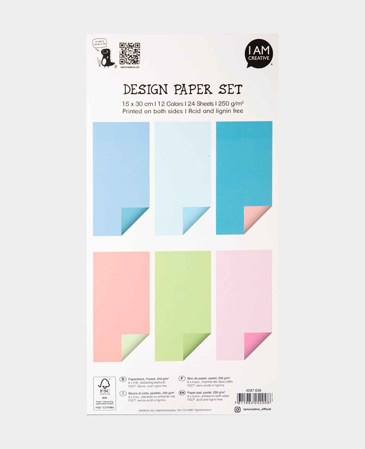 Papierblock Pastell, mit beidseitig bedruckten Papierbögen in 12 verschiedenen Farben, 15 x 30 cm, 250 g/m², 24 Blätter