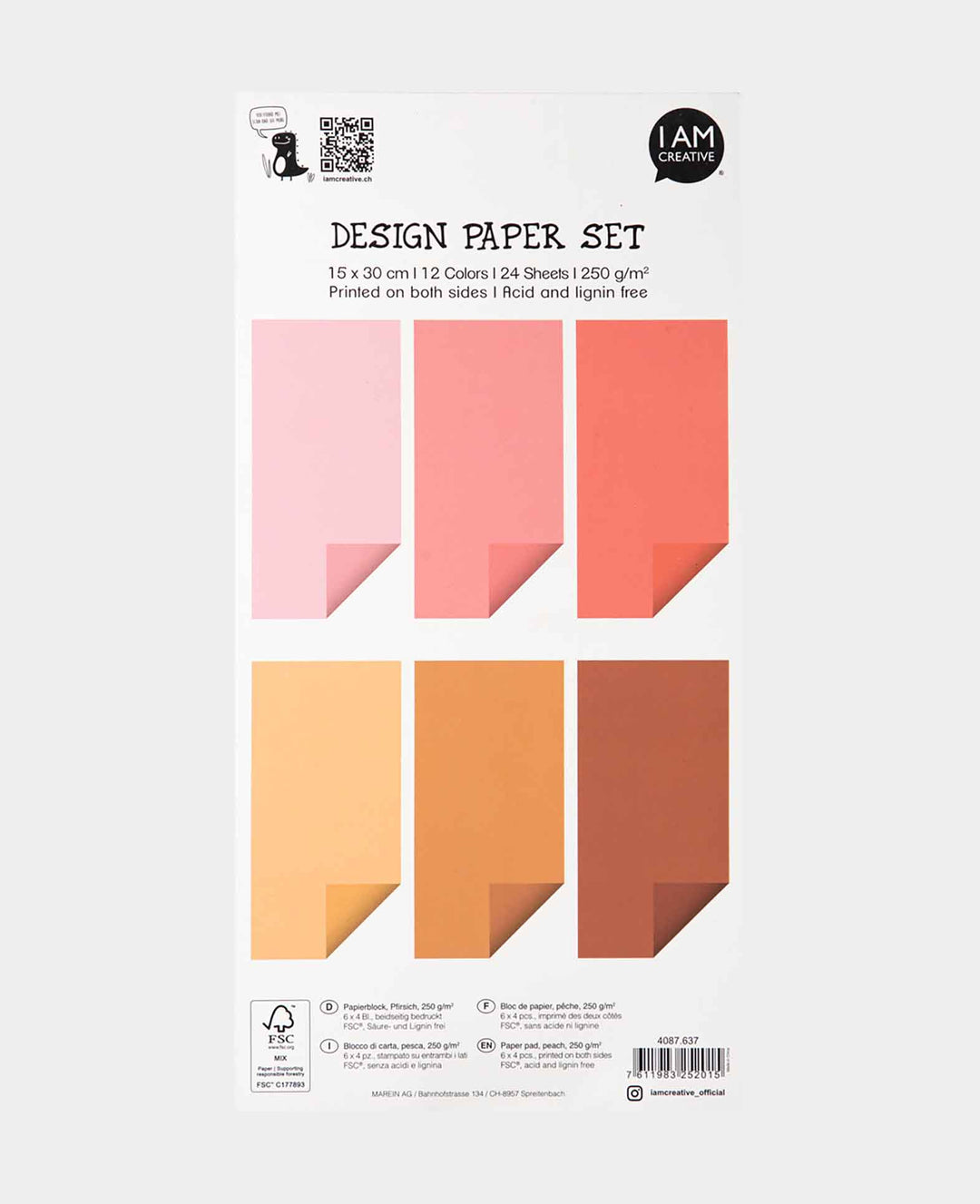 Peach paper pad, with double-sided printed paper sheets in 12 different colors, 15 x 30 cm, 250 gsm, 24 sheets
