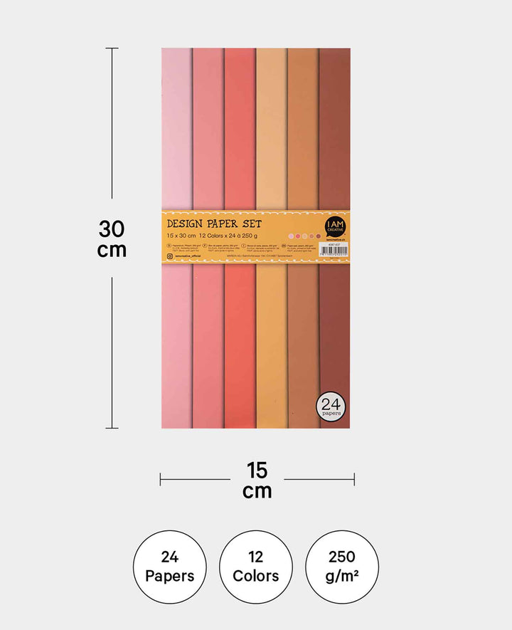Peach paper pad, with double-sided printed paper sheets in 12 different colors, 15 x 30 cm, 250 gsm, 24 sheets