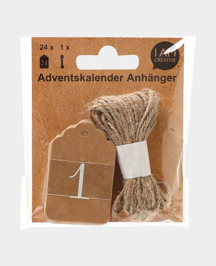Adventskalender Tags, Braun &amp; Weiss, ø 6 cm, 24 Stück mit 6 m Schnur