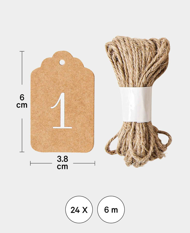 Adventskalender Tags, Braun &amp; Weiss, ø 6 cm, 24 Stück mit 6 m Schnur