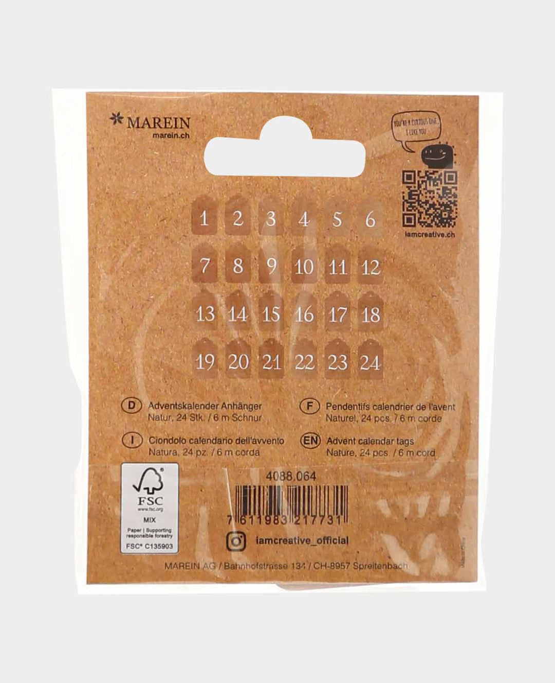 Adventskalender Tags, Braun &amp; Weiss, ø 6 cm, 24 Stück mit 6 m Schnur