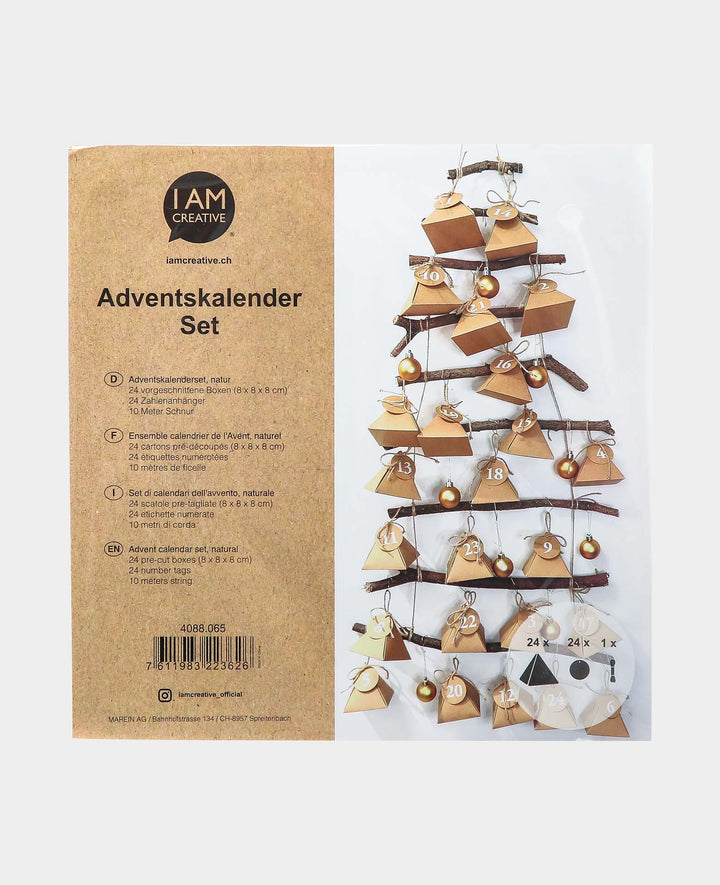 Adventskalender-Boxen 8x8x8 cm mit Kreisförmigen Zahlenanhänger und Schnur, Adventskalender zum Befüllen in dreieckigen Papierboxen, braun, 49tlg.