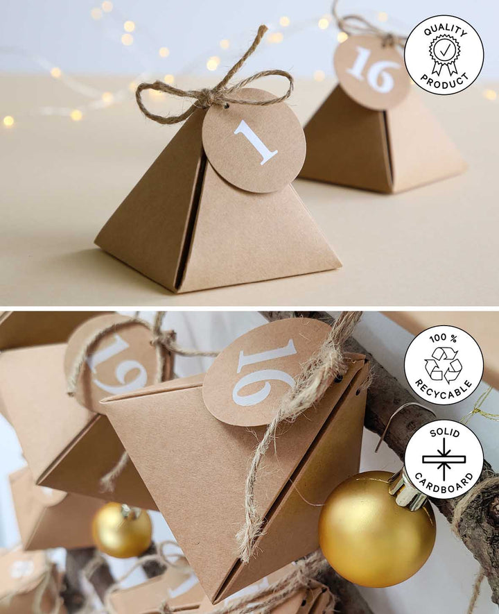 Adventskalender-Boxen 8x8x8 cm mit Kreisförmigen Zahlenanhänger und Schnur, Adventskalender zum Befüllen in dreieckigen Papierboxen, braun, 49tlg.
