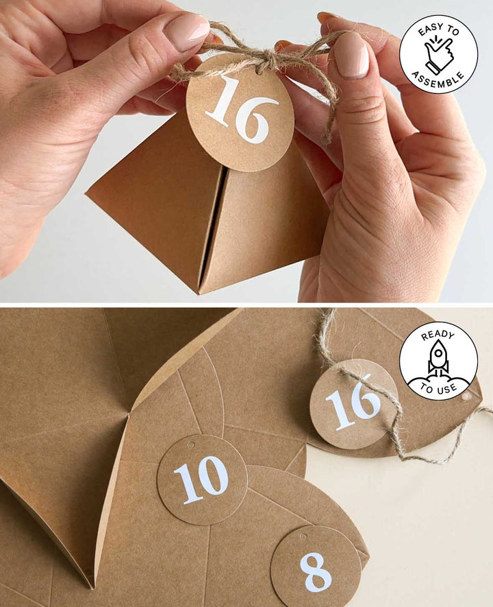 Adventskalender-Boxen 8x8x8 cm mit Kreisförmigen Zahlenanhänger und Schnur, Adventskalender zum Befüllen in dreieckigen Papierboxen, braun, 49tlg.