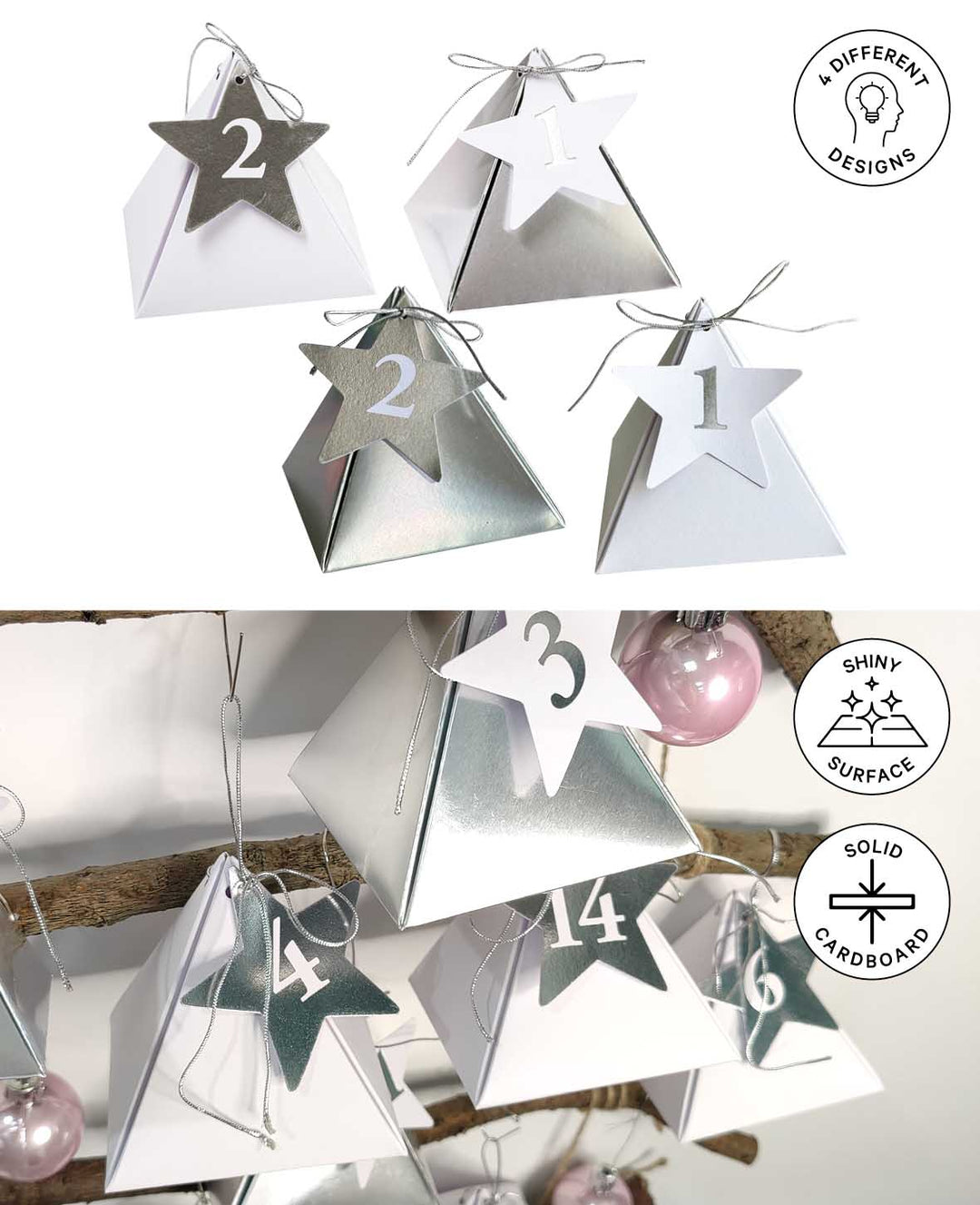 Adventskalender-Boxen Silber/Weiss, 8×8×8 cm, 49-tlg.