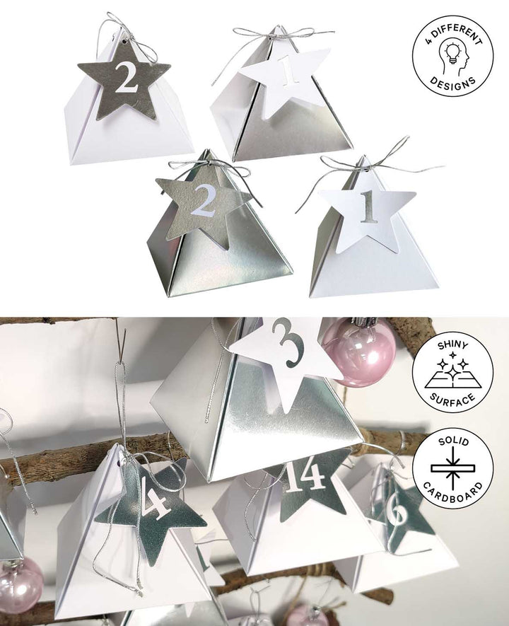 Adventskalender-Boxen Silber/Weiss, 8×8×8 cm, 49-tlg.