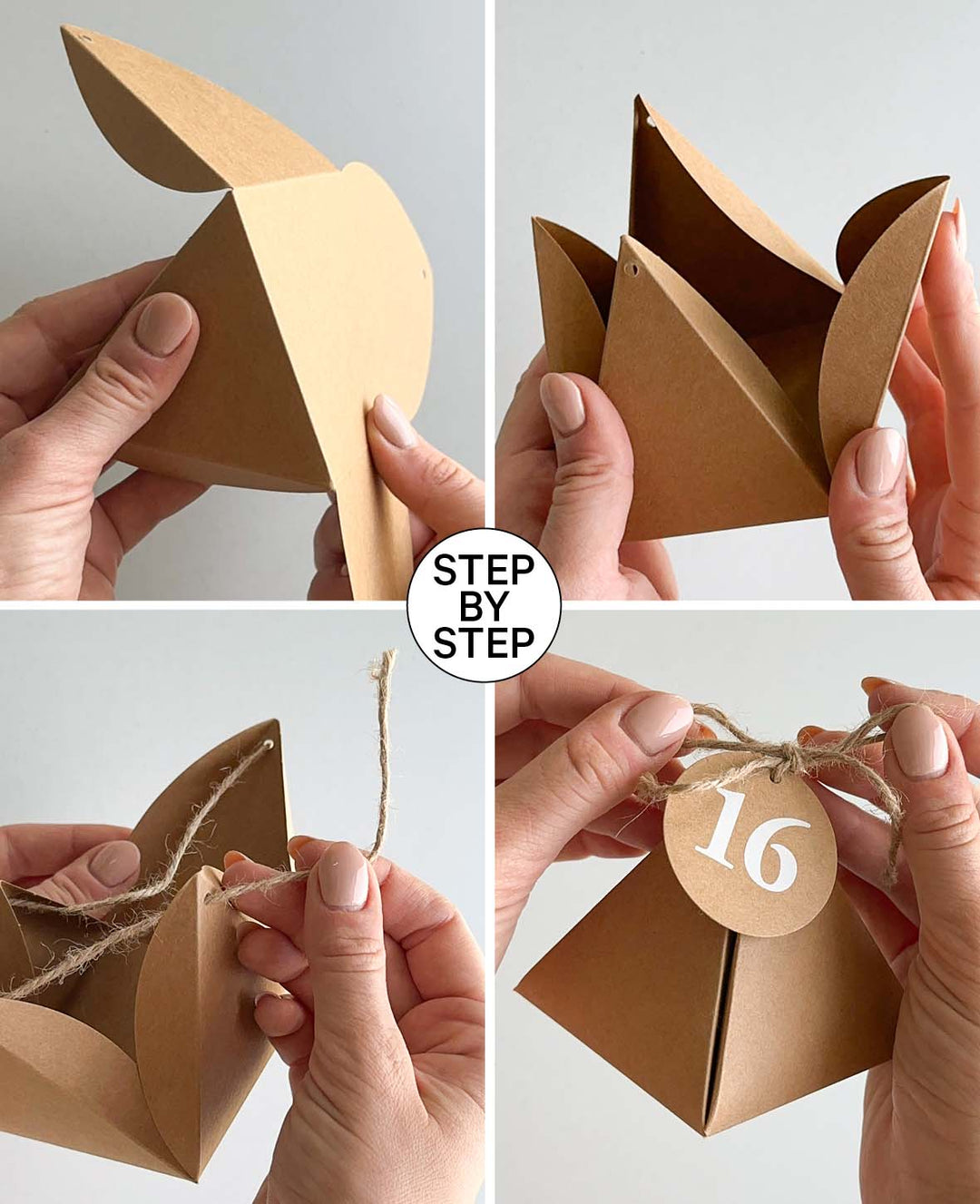 Adventskalender-Boxen 8x8x8 cm mit Kreisförmigen Zahlenanhänger und Schnur, Adventskalender zum Befüllen in dreieckigen Papierboxen, braun, 49tlg.
